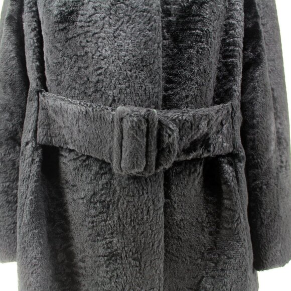 VTG 50s 60s Faux Fur Jacket Black Belted Satin Lined Stand Collar Swing Coat M - Picture 6 of 16